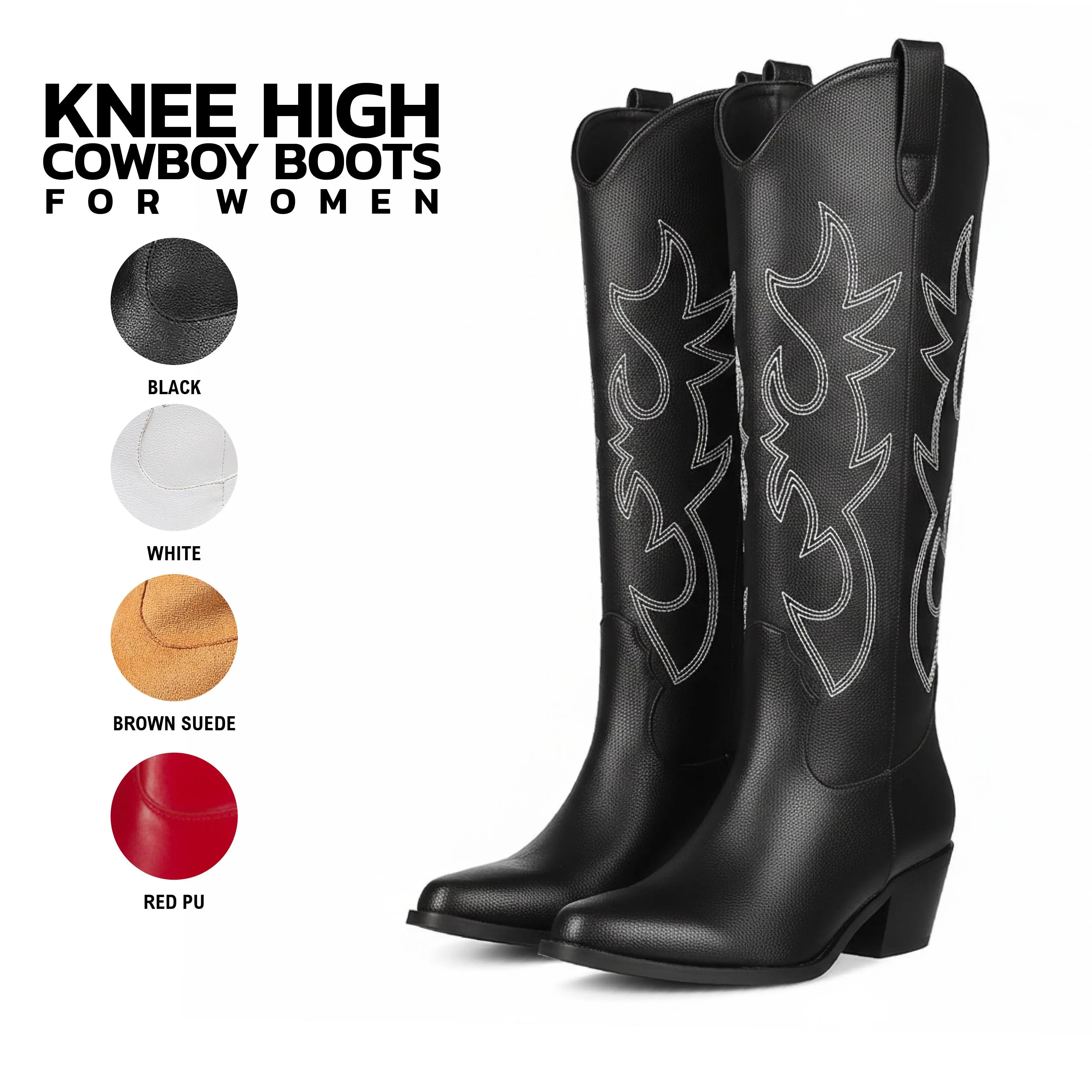 VIMISAOI Womens Cowboy Boots Knee High Pointed Toe Block Heel Easy Pull On Embroidered Western Vintage Fashion Comfortable Country Wedding Festival Concert Evening Dress Party Outing Tiktok Viral Summer Cowgirl Boots Summerwins
