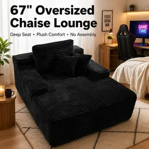 ovios 67'' Oversized Boneless Chaise Lounge Chair, Indoor Deep Seat Plush Corduroy Sofa Bed with Pillows, No-Assembly Sleeper Couch for Living Room, Gaming Room, Black, Boneless Couches