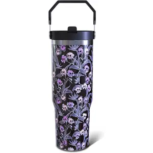 Halloween Gothic Skull 30oz Tumbler Gifts for Women Men, Skull Floral Stainless Steel Insulated Cup, Top Handle and Flip Straw Water Bottle Mug
