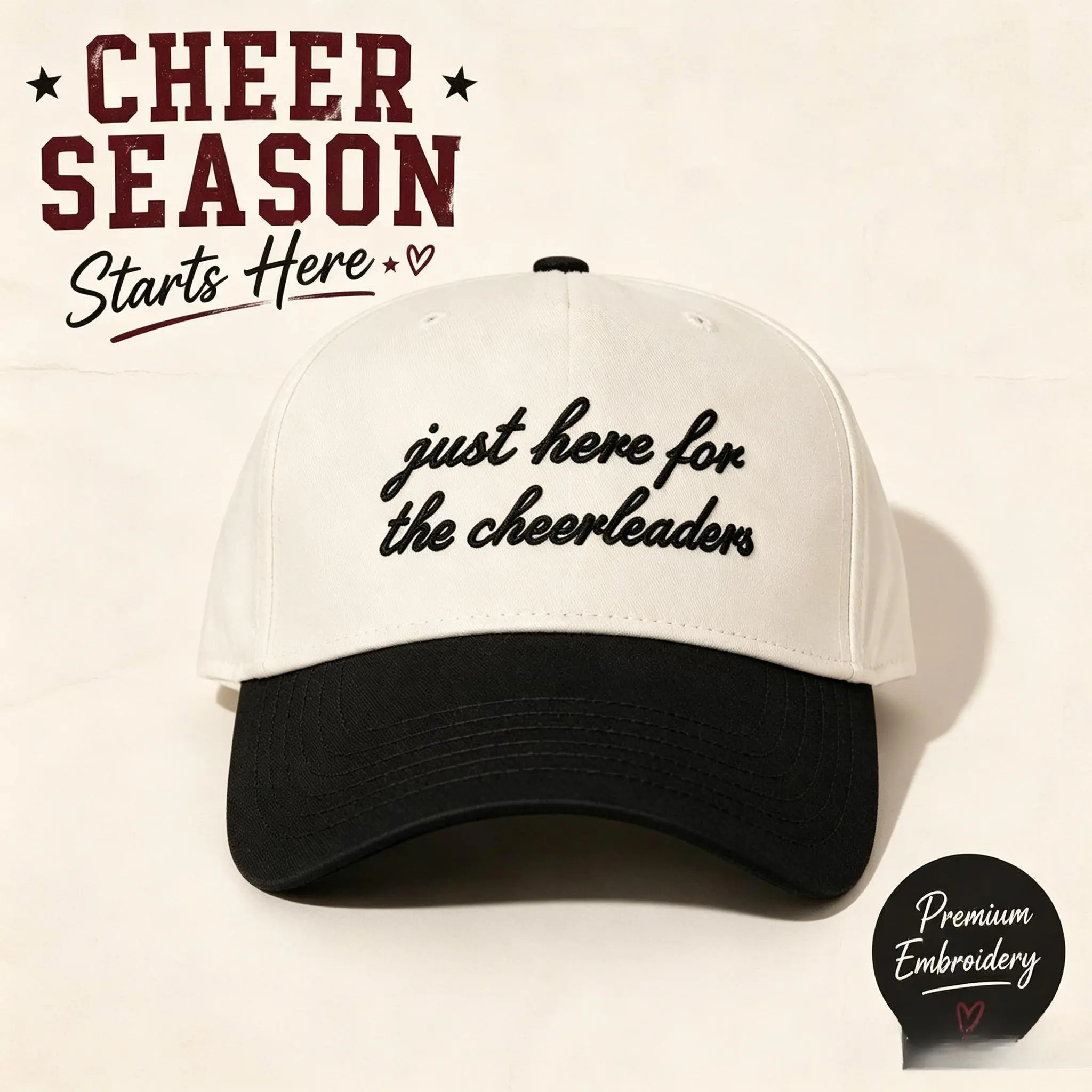 Women's Embroidered "Just Here For The Cheerleaders" Vintage 2-Tone Dad Hat, Adjustable Sports Cap for Cheer Season Football Game Day Casual Wear