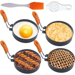 Upgrade 4" Large Egg Rings Set for Griddle,4 Packs Non-stick Stainless Steel Round Egg Ring for Frying Egg Pancake Mold Ring Omelette Ring Shapper for Muffin with 1X Oil Brush & 1X Egg Separator
