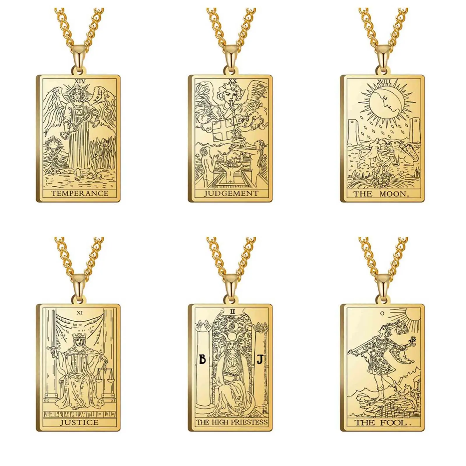 Women's Stainless Steel Golden Tarot Square Pendant Necklace - Artificial Gemstone Jewelry with Long Resistant Chain, Statement Styling, Mystical Look, Adults' Daily Everyday Wear, Versatile Layering Sweater Gift