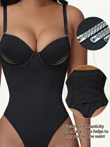 1 Count Women's V Neck Back Lace Up Shapewear, Solid Color Basic Wear with Breast Support Bra Seamless Sculpting Bodysuit, Removable Adjustable Spaghetti Straps Body Shaper, Butt Lifting Shaper Tops, Perfect for Going Out Outfits & Daily Wear