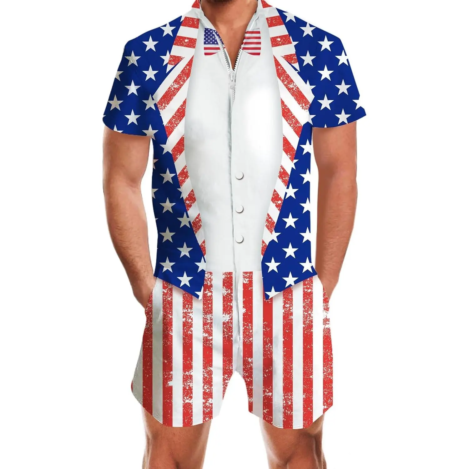 Male Tropical Hawaiian Romper, Slim-Fit Zipper Jumpsuit with Pocket, S-XXL Sizes