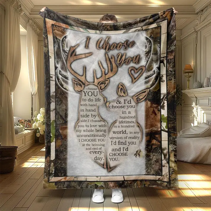 Letter & Deer Pattern Blanket, 1 Count Colorful Soft Warm Nap Throw Blanket, Air-conditioned Room Blanket for Home Dormitory Office Travel Office