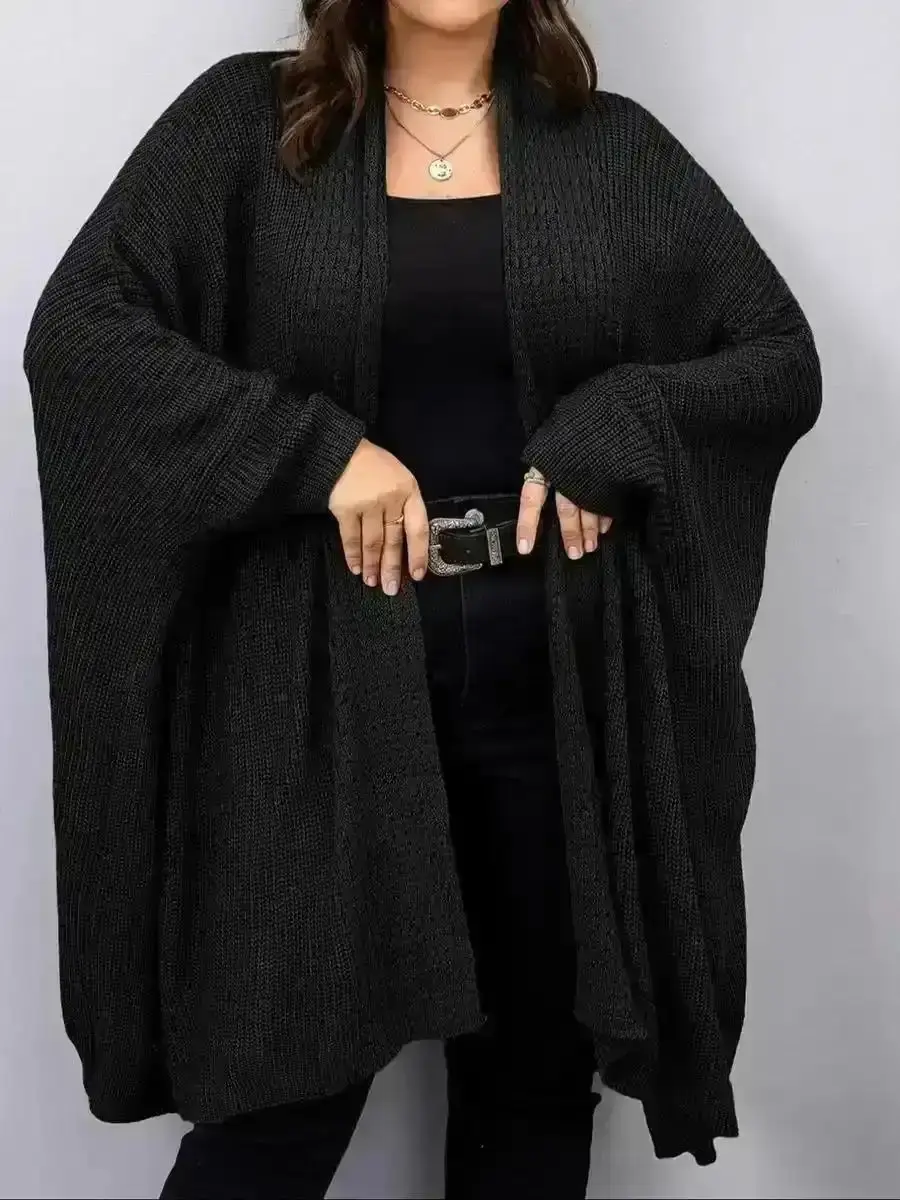 Fashion Winter Layering, [Plus Size] Solid Batwing Sleeve Open Front Cardigan, Casual Long Knit Outerwear for Fall & Winter, Women's Clothing Daily Wear, Cozy, Flattering, , Comfort, Style, Outfit, Essential, , Chic