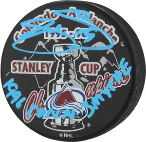 Joe Sakic Colorado Avalanche Autographed 1996 Stanley Cup Champions Hockey Puck with "1996 Conn Smythe" Inscription - Fanatics Authentic Certified