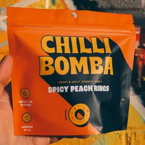 Chilli Bomba Sweet & Spicy Chili Chamoy Candy Spicy Peach Rings - 8oz Share Size Bag