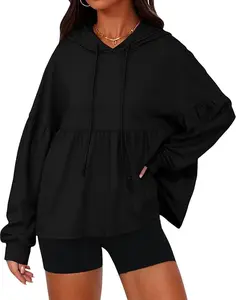 Womens Oversized Hoodies Sweatshirts Casual Lantern Long Sleeve Drawstring Peplum Hem Loose Pullover Tops