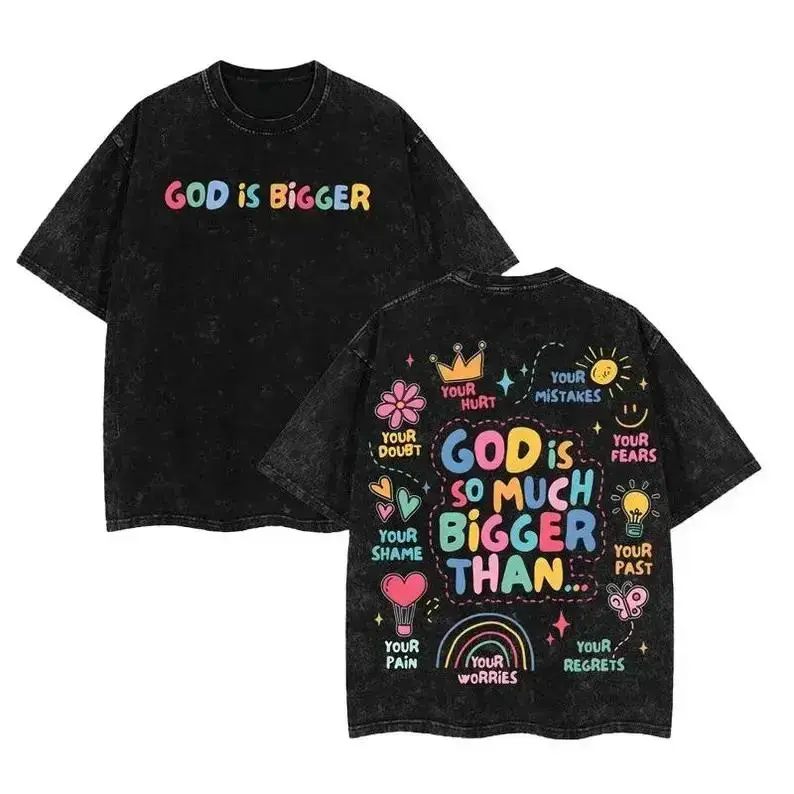 God Is Bigger Christian Graphic T Shirt Vintage Washed Heavyweight Cotton Oversized Tee Faith Based Apparel Mental Health Awareness Positive Affirmation Acid Wash Men Women Unisex Y2K Aesthetic Retro Streetwear Trending Summer Outfits TikTok