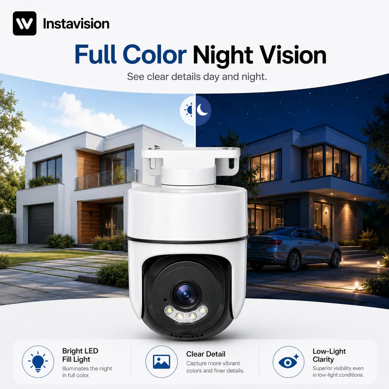 Plug-and-play WiFi security camera, 360° adjustable angle indoor/outdoor camera with motion detection, night vision, bidirectional audio, and application control capabilities. Indoor wireless monitoring.