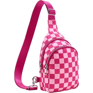 Small Checkered Sling Bag for Women, RFID Crossbody Bags Nylon Sling Backpack Purse for Travel (Rose Checkered)