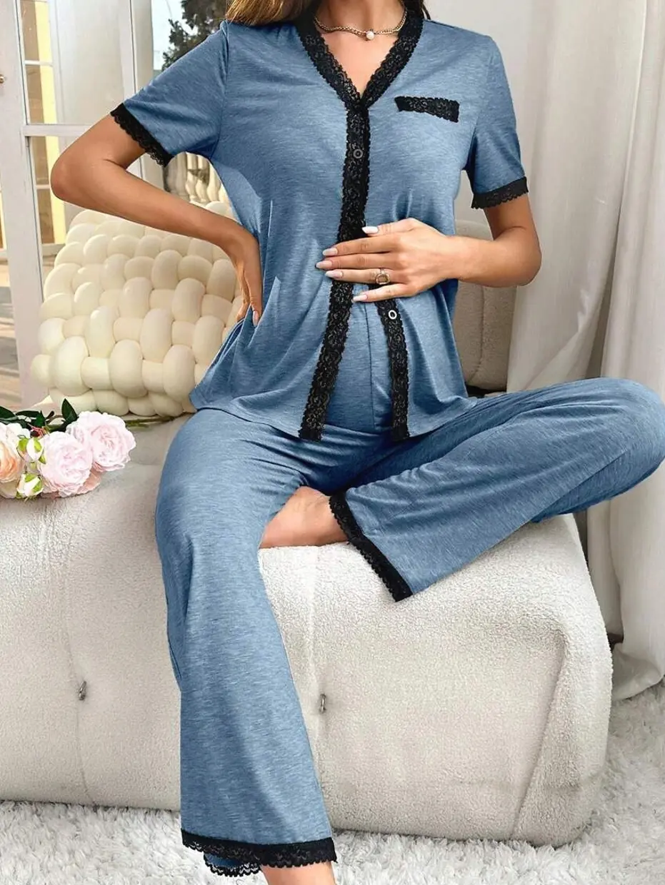 Maternity 3-Piece Contrast Lace Trim V-Neck Short Sleeve Tee and Pants Set