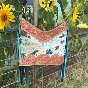 Paint Splattered Real Hair on Hide Purse with Floral Embossing and Turquoise Accents
