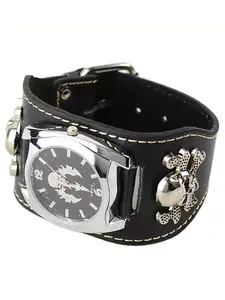 Men's Vintage Punk Style Casual Digital Quartz Watch, with Skull & Harness Pattern & Adjustable Pu Leather Strap, Exquisite Watch As Gift Without Box