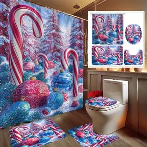 1/4pc Christmas Candy Theme Shower Curtain Set, festive design, includes non-slip mat, U-shaped rug, and toilet seat cover. Perfect for bathroom decoration, beautifies the space. Comes with 12 shower curtain hooks.