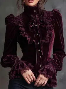 French Vintage Velvet Dress Lace Trim Elegant Long Sleeve Thick Blouse Shirt Top, Women's Stylish Clothing for Special Occasions
