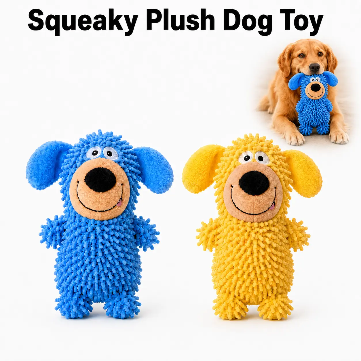 Squeaky Plush Dog Toy to Help Clean Teeth During Play, Squeaks When Shaken, Soft Chenille Plush Pet Toy with Embroidered Face & Reinforced Stitching, Chewing Toy for Light Chewers, Interactive Fetch & Self-Play Puppy Toy for Small & Medium Dogs