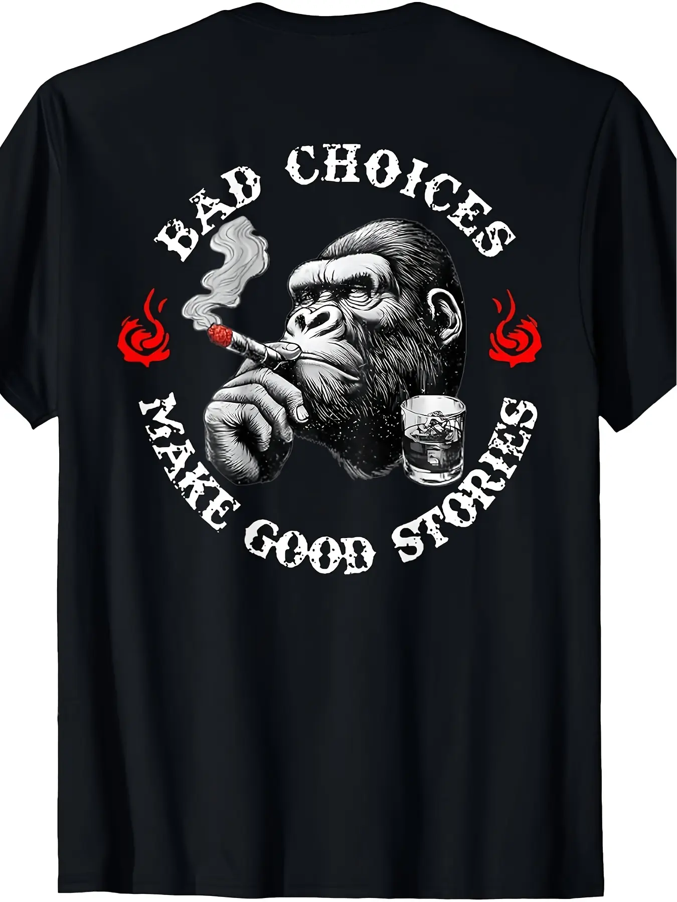 2026 Spring Summer Menswear Streetwear Short-Sleeve Round Neck T-Shirt - Men's "Bad Choices Make Good Stories" Gorilla Back Print Bold Tee for Casual, Trendy Occasions (Black Fabric, Quote Design)
