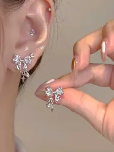 Cute Bowknot Design Earrings, Fashionable Rhinestone Decor Earrings for Women & Girls, Trendy All-match & Exquisite Jewelry for Birthday Gift