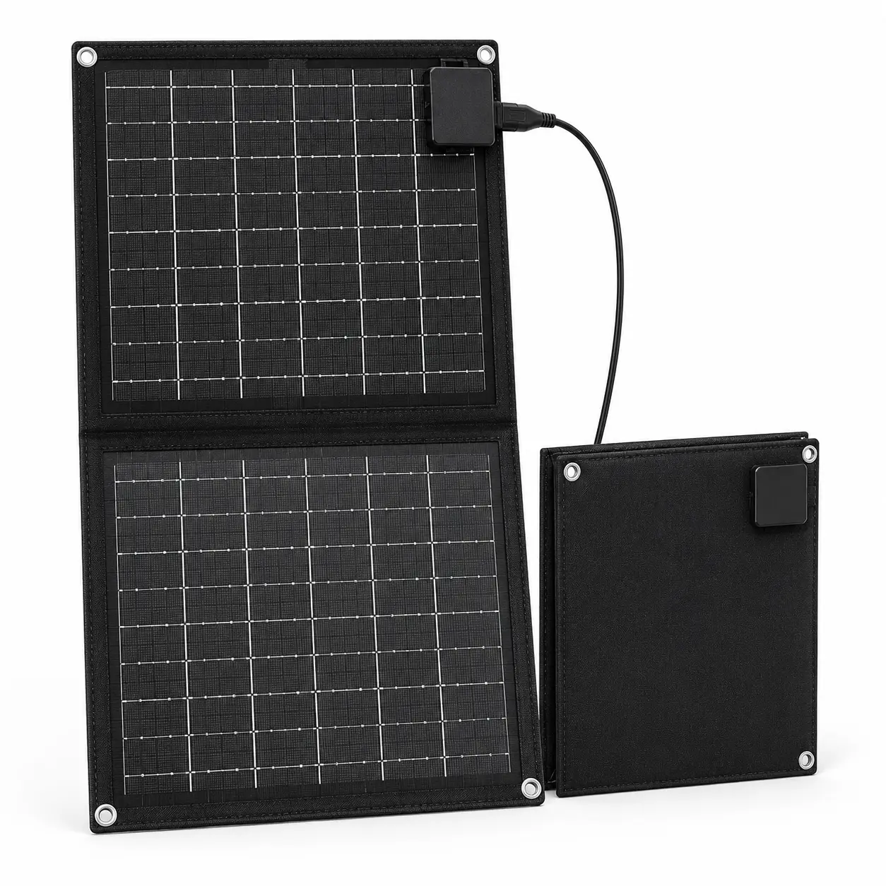 Compact foldable solar panel — double-sided solar charging board with a USB output port, charges using sunlight, lightweight and portable, suitable for outdoor camping and hiking, can charge mobile phones, power banks, and small electronic devices.