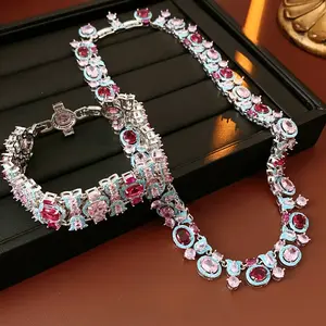 18K gold thick-plated eco-friendly copper vintage 8A grade rose-colored zircon Tiffany blue geometric set retro exquisite versatile court style clasp jewelry niche high-end jewelry bracelet hip-hop music festival Valentine's Day banquet party gift