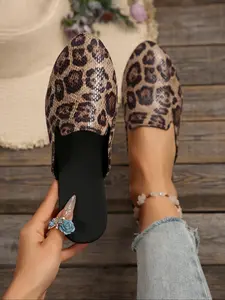 Women's Leopard Print Slip-On Half Slippers, Spring & Fall Casual Pointed Toe Shoes, Medium Width, Sizes 36-43, Fashionable Outdoor Wear