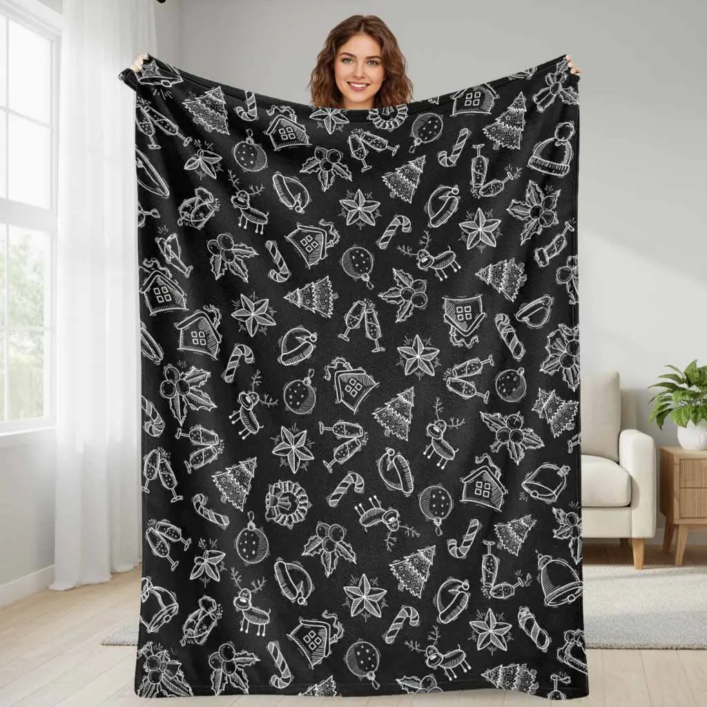 Christmas Reindeer Snowflake Fleece Throw Blanket White Sketch Print Festive Elements Ultra Soft Lightweight Breathable Cozy Warm Bedspread Ideal For Winter Holiday Home Living Room Sofa Office Decor Couch Nap Camping Travel Gift Ideas
