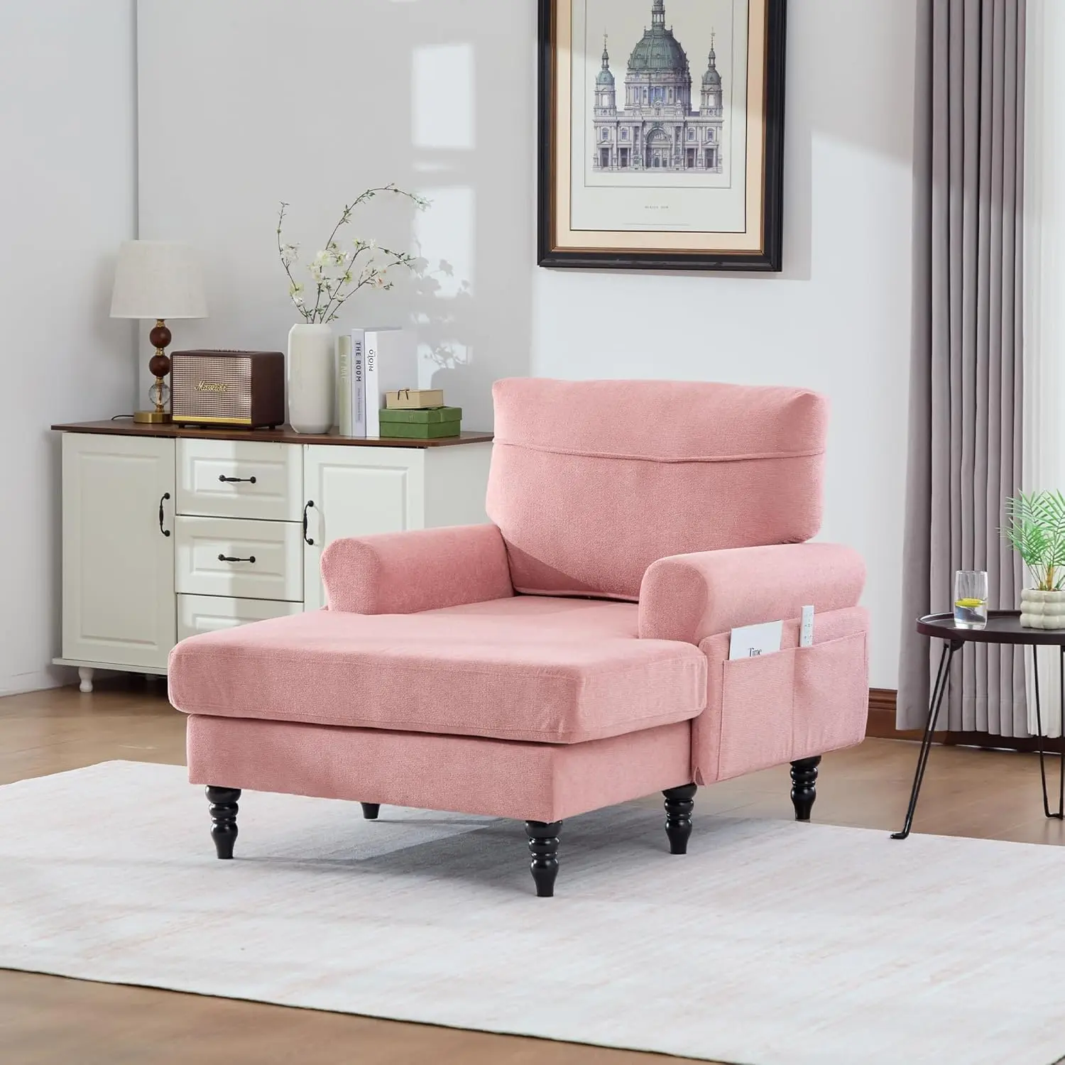 Modern Minimalist Chenille Fluffy L-Shaped Chaise Lounge Recliner Single Sofa Chair - Wide Seat, Foam Cushions, Padded Arms, 550lb Capacity, Wooden Legs, Side Pockets - for Living Room, Bedroom, Pink Boneless Sectional