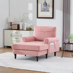 Modern Minimalist Chenille Chaise Lounge Recliner Single Sofa Chair Wide Upholstered Seat Foam Cushion 550lb Capacity Wooden Legs Side Pockets for Living Room Bedroom Office，Pink Boneless Sectional Couch