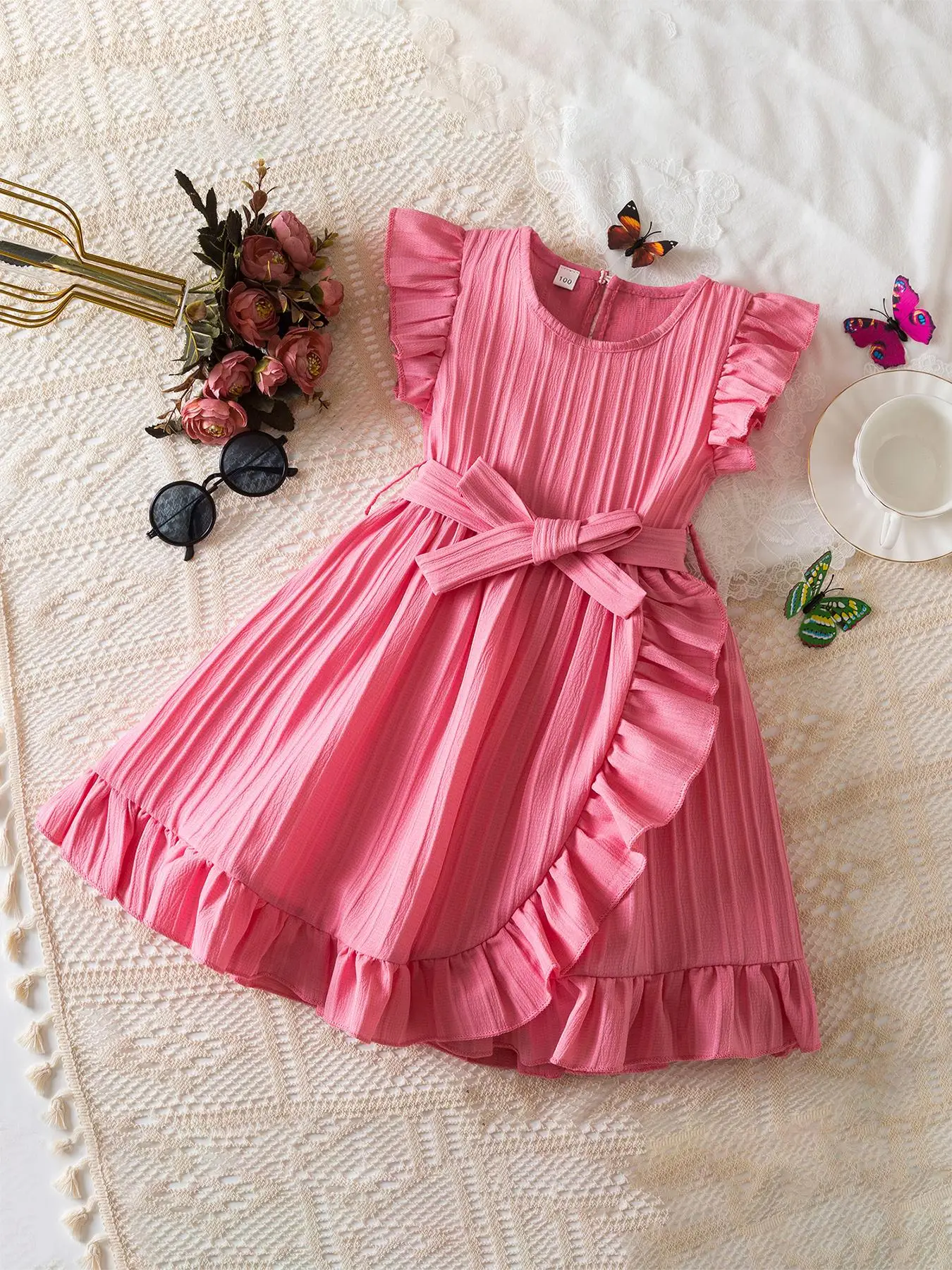 Girl's Plain Ruffle Trim Belted Dress, Elegant Round Neck Dress for Party Holiday Wedding Guest, Kids Summer Clothes