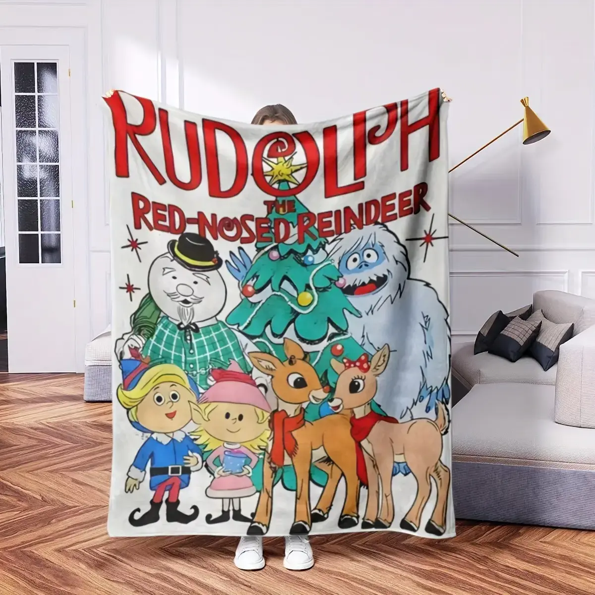 Rudolph Reindeer Festival Wool Blanket - Soft, warm, comfortable all year round | Vibrant cartoon character design | Perfect for sofas, beds, travel, camping, office chairs | Machine washable, low-allergenic polyester, Christmas blanket