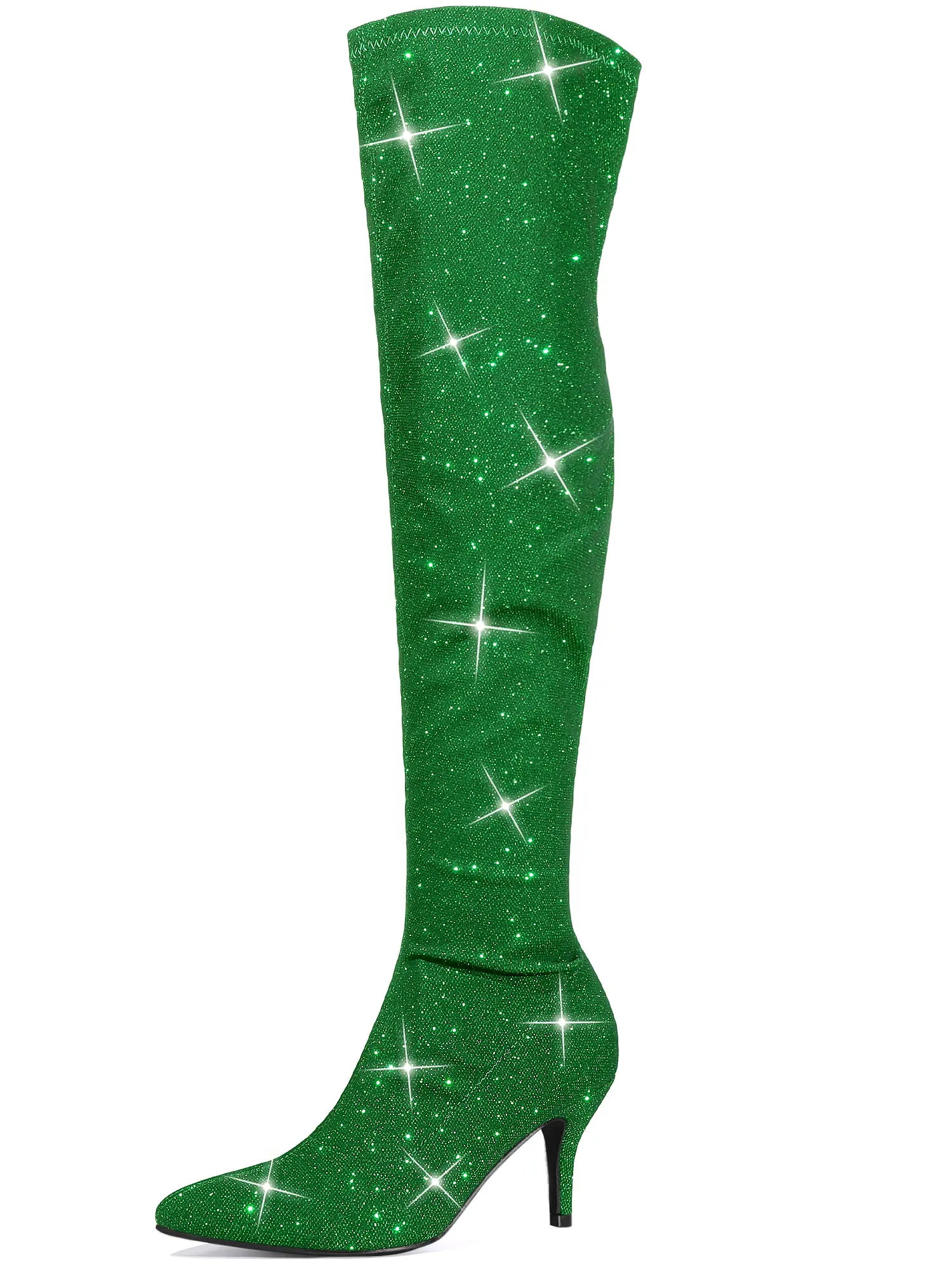 BLISSFUL STEP Glitter Pointed Toe Stiletto Heels Over the Knee High Boots