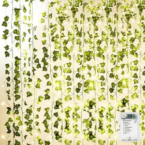 Fake Ivy Garland 84Ft 12 Pack, Artificial Vine Hanging Plants with 80 LED String Light CE Certified, Green Fake Vines for Home Bedroom Garden Party Wedding Wall Room Decor, No Watering Needed, Reusable