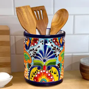 Utensil Holder For Counter Extra Large Utensil Crock, Mexican Talavera Pottery Kitchen Utensil Holder, Ceramic Utensil Holder Mexico Decor for Home Spatula Holder, Spoon Holder, Mexican Vase