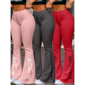Casual pants with drawstring waistband, all season milk silk women's yoga pants, printed flared leg jogging pants