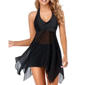 Holipick Two Piece Swim Dress Womens Tankini Swimsuits Halter Bathing Suit Dress Mesh Tankini Top with Boyshorts Plus Size Swim Dress