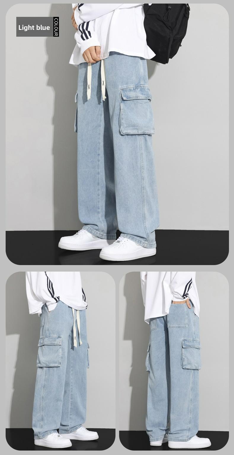 Men's Spring & Autumn Loose-Fit Cargo Jeans, Trendy Retro Light-Wash Casual Trousers, American Street Style Straight-Leg Pants with Large Pockets and Drawstring Waist