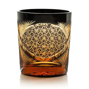 Luxury Handmade Edo Kiriko Old Fashioned Glass, Japanese Style 8OZ Amber Black Engraved Rocks Tumbler, Crystal Cut Drinkware for Whiskey Vodka, With Gift Box