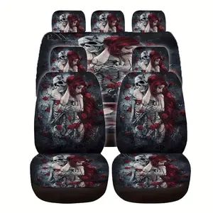Car Seat Covers for Tesla Mdy, Small Cars, Suvs, Rear Seat Cover, Skull & Beauty Print, Thick Elastic Fabric, Halloween Christmas Gift for Men Women