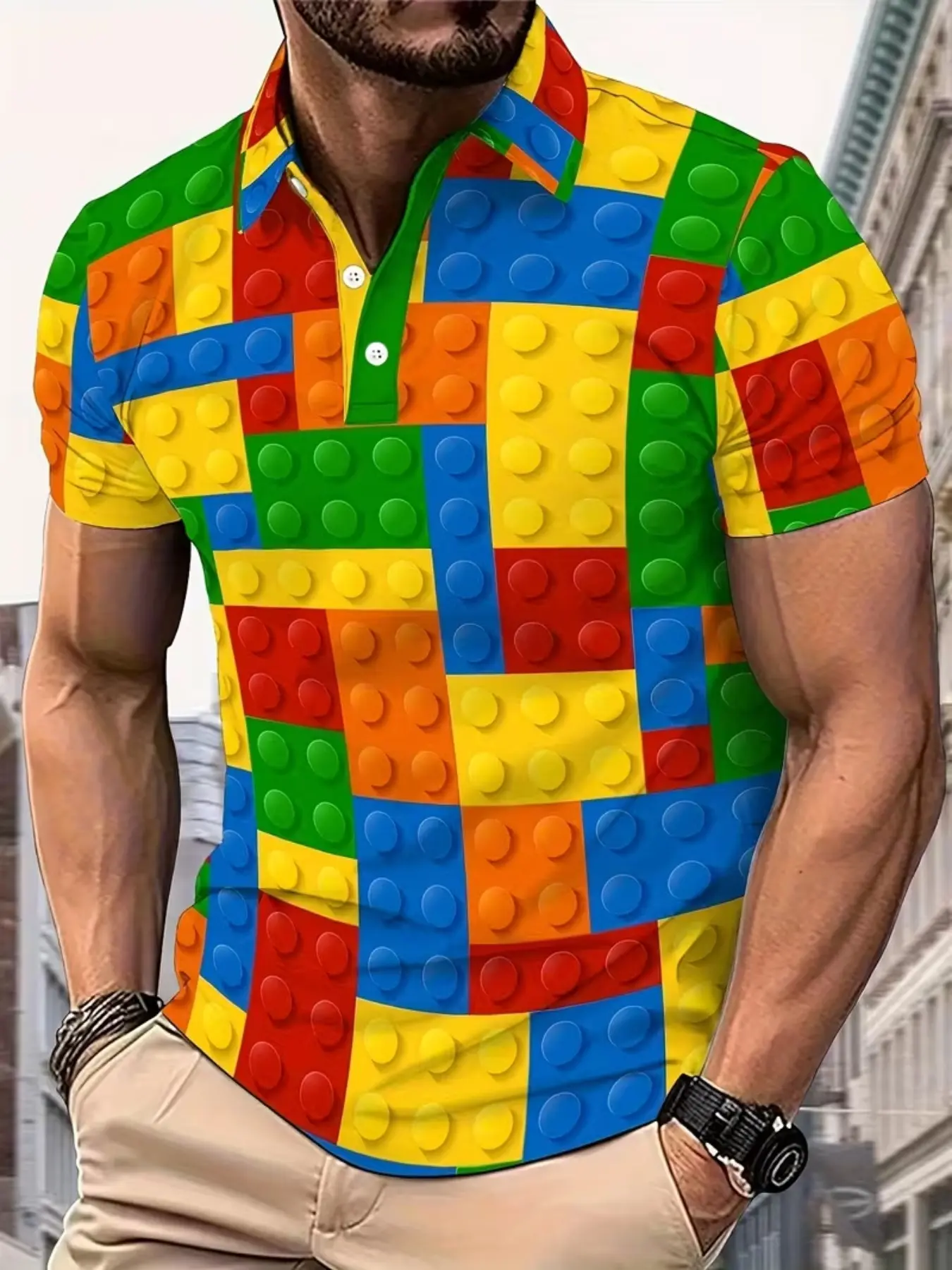Men's Summer Fashion Shirt, Casual Street Style Colorblock Design, Short Sleeve Fitted T-Shirt, Geometric Pattern, All Seasons