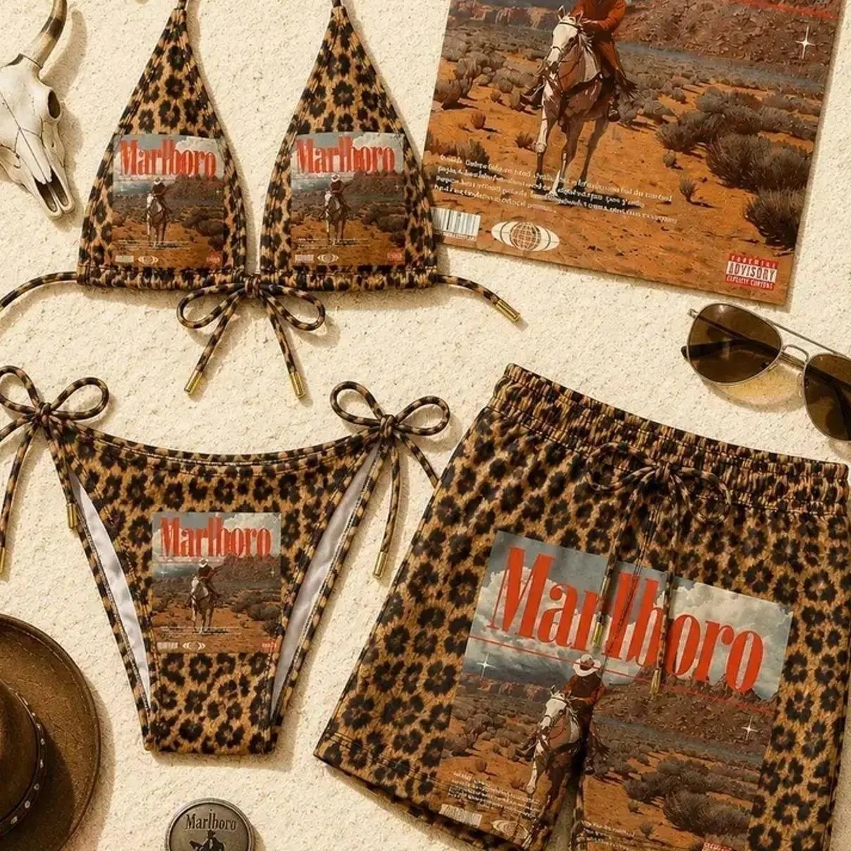 Marlboro Leopard Matching Couple Swimwear Set 2026 – Vintage Western Graphic Bikini & Men’s Shorts, Y2K Desert Beach Vacation Outfit T3Z OZY