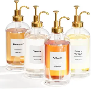 16.9 Oz (500 Ml) Coffee Syrup Dispenser Set- 4 Glass Bottles with Gold Pumper and Syrup Labels - Precise Dispensing and Stylish Addition to Coffee Shop, Cafe or Home Bar New England Stories