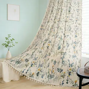 1/2pcs Floral Print Curtains with Fringe Trim, Farmhouse Style Light Blocking Drapes, Easy Install No Drill, Home Decor, Home Decoration Curtain