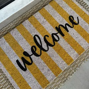 Welcome Butter Yellow Stripes Doormat, Summer Doormat, Porch Decor, Cute Doormat, Housewarming Gift