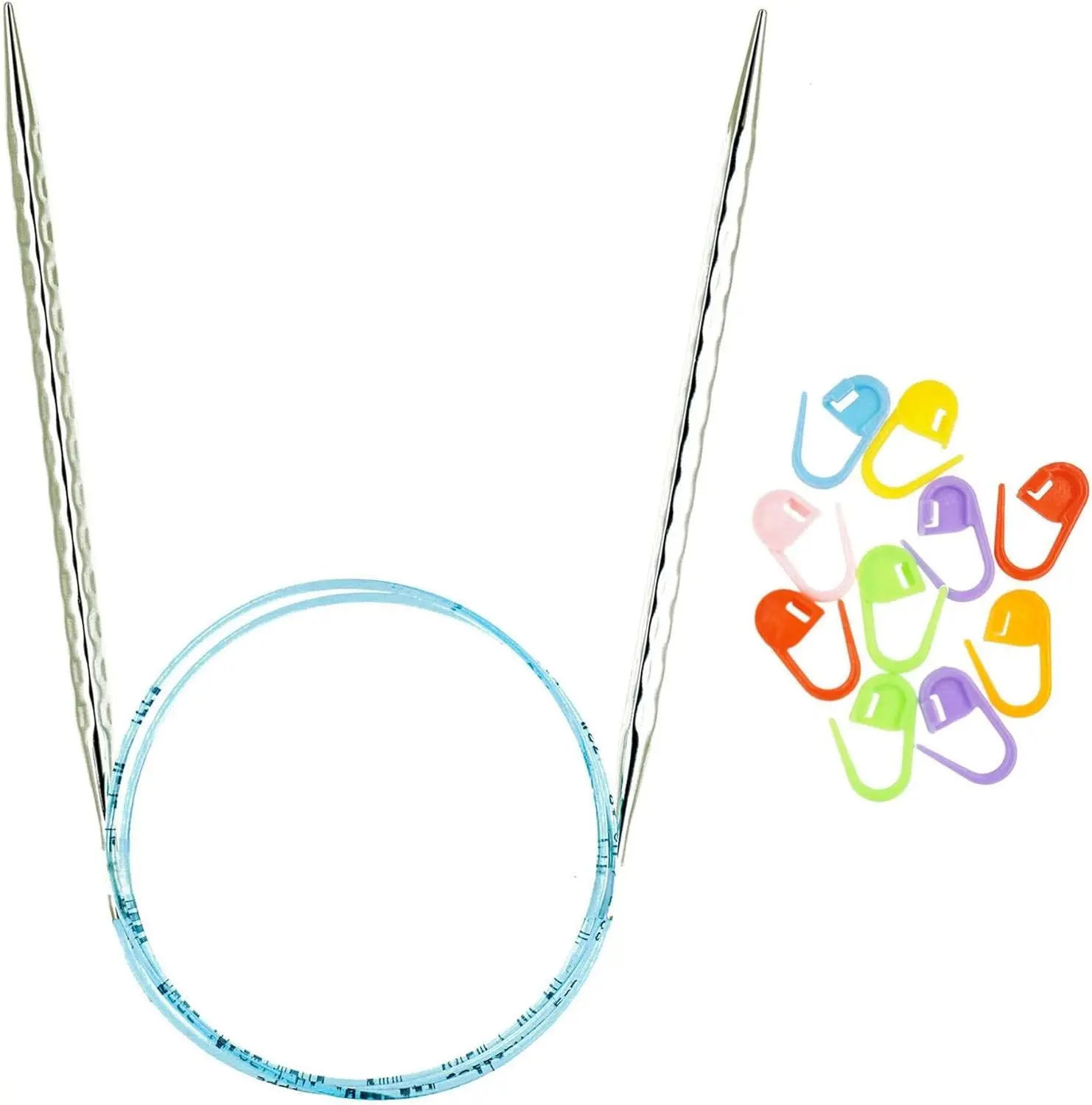 addi Skacel Rocket 2 Squared 32in. US 2 (3mm) Circular Knitting Needle | Ergonomic, Cubic Shape, Textured Finish, Rounded Edges, Long Taper Sharp Tips, Pliable Blue Cord, 10 Colorful Stitch Markers Gift