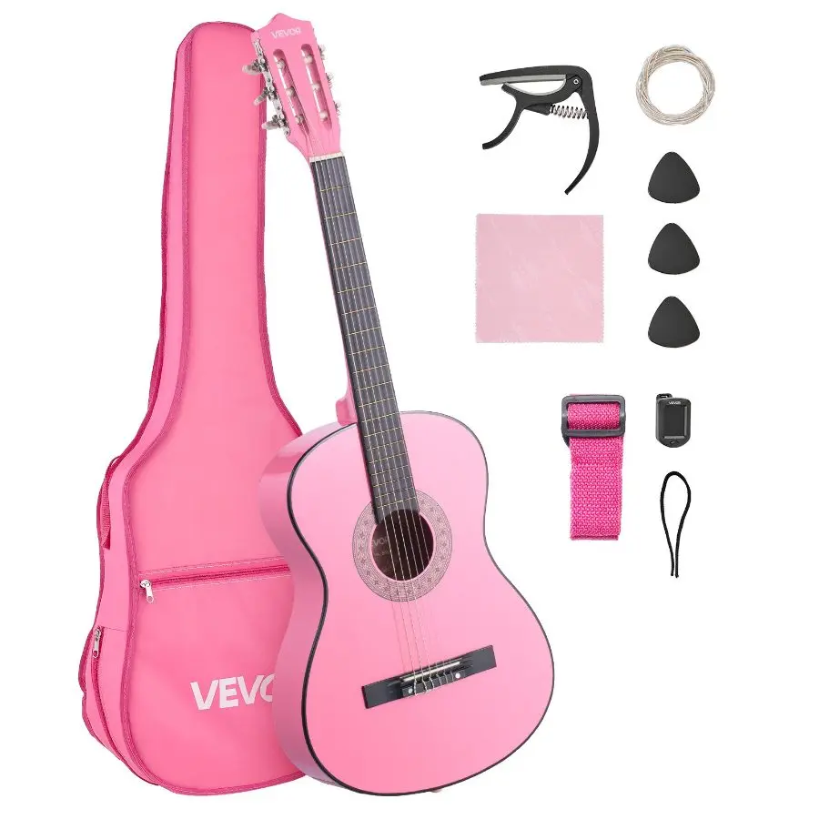 VEVOR Classical Guitar, 38 Inch, Wood Classical Guitar Starter Kit for Beginners, with Nylon Strings, Gig Bag, Strap, Tuner, Extra Strings, Picks, Capo, Basswood, for Teenagers Adults Students, Pink