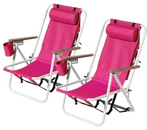2pcs Adult Outdoor Folding Beach Chairs - 4-Position Lightweight Backpack Foldable Seats with Steel Frame, 265lbs Sturdy Support, Headrest, Cup Holder, Wooden Armrests, Pink Rose Double Removable Pillow
