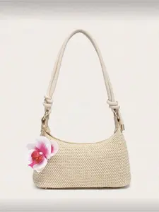 Women's Square Shoulder Bag PU Rope Flower Pendant Large Capacity Lightweight Casual Beach Vacation Style Stylish Square Bag Shopping Travel Bag Crossbody Shoulder Purses Boho Style Crossbody Fashionable Crossbody Bag