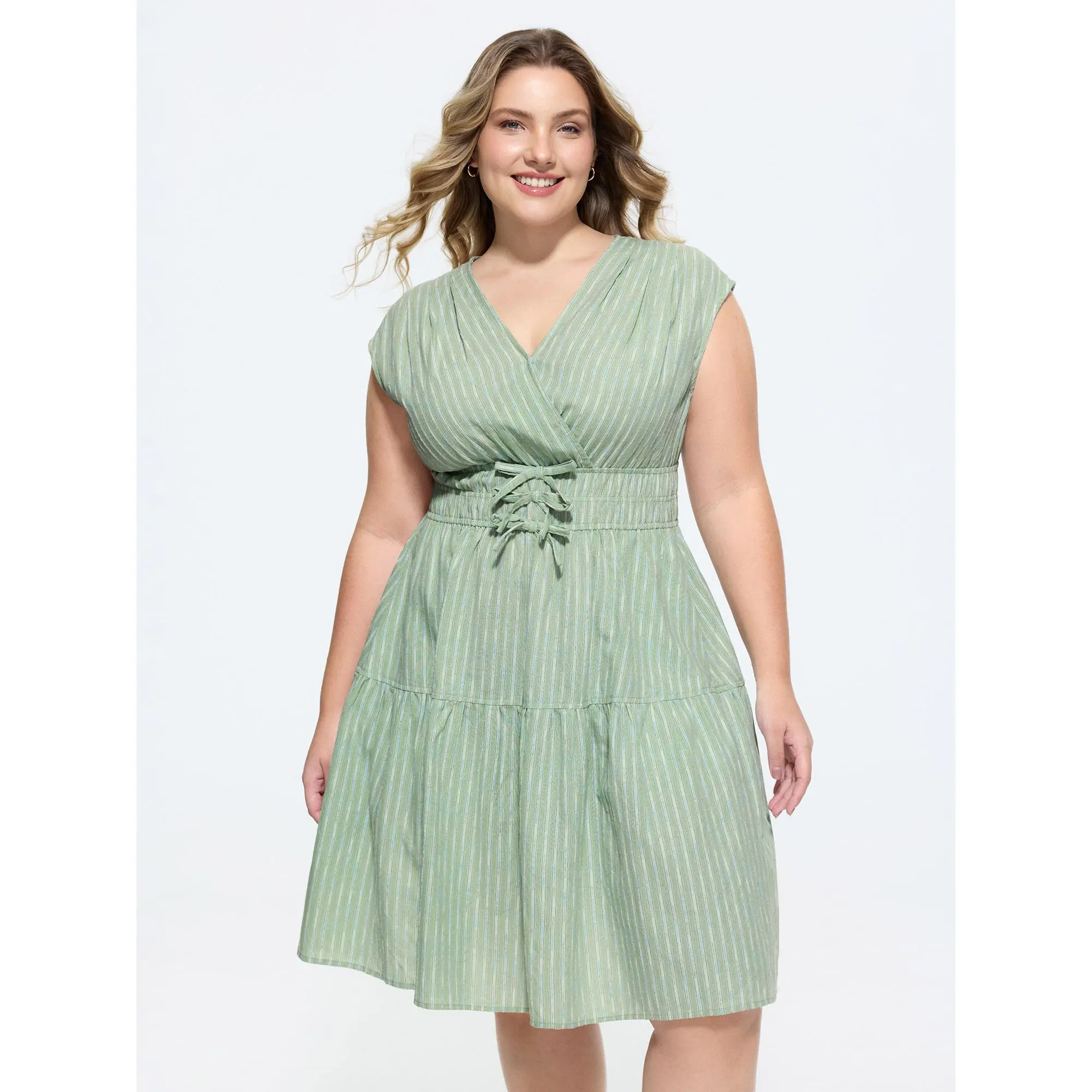 BLOOMCHIC Women's Plus Size Striped Full Wrap Casual Dress - Smooth Fabric, Bow-Tie Waist, Tiered Sleeve, Polyester, Mini, Pocket, Casual, Size M-6X, 2026 Spotlight, Summer Pick,Summerfinds, Plus Size Clothes